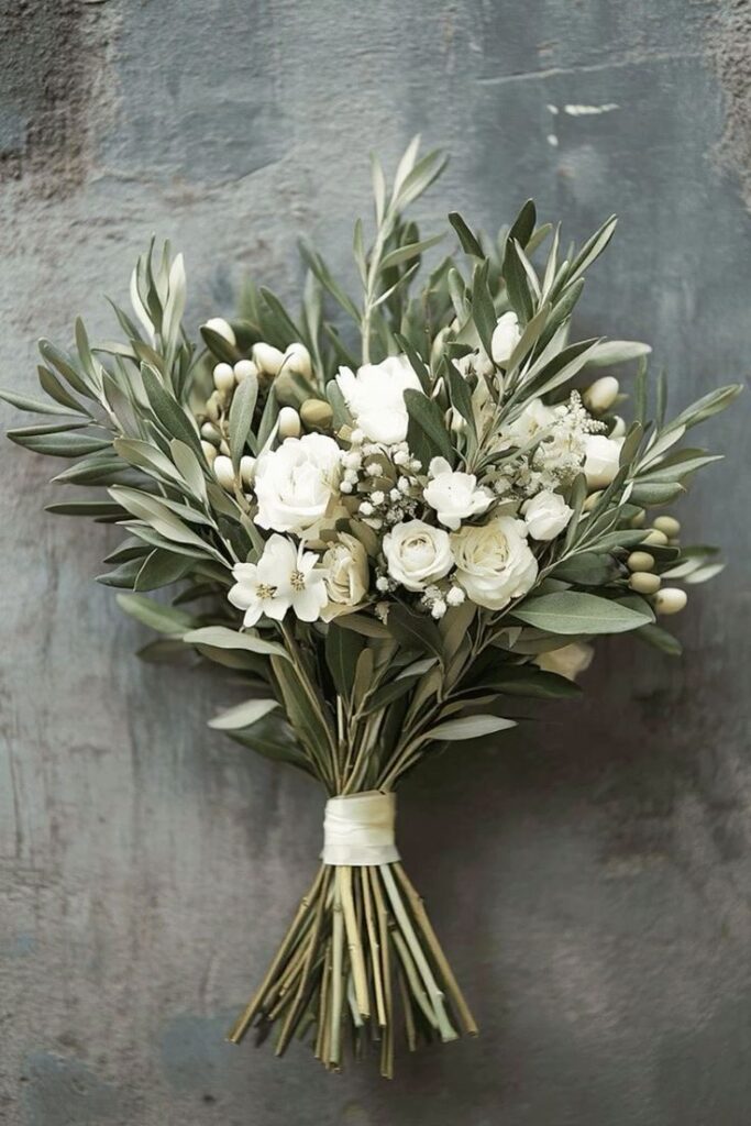 A minimalist bridal bouquet featuring olive branches with green olives and small white rosebuds tied with a cream ribbon.