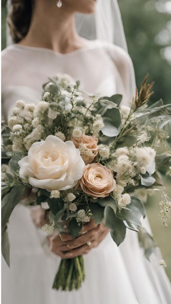 A textured bridal bouquet with peach-toned and white roses mixed with fluffy white filler flowers and eucalyptus.