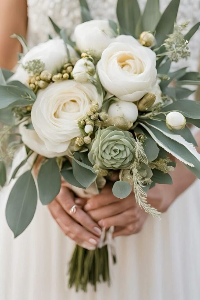 A modern bridal bouquet with white ranunculus, sage green eucalyptus, and small textured green berries.