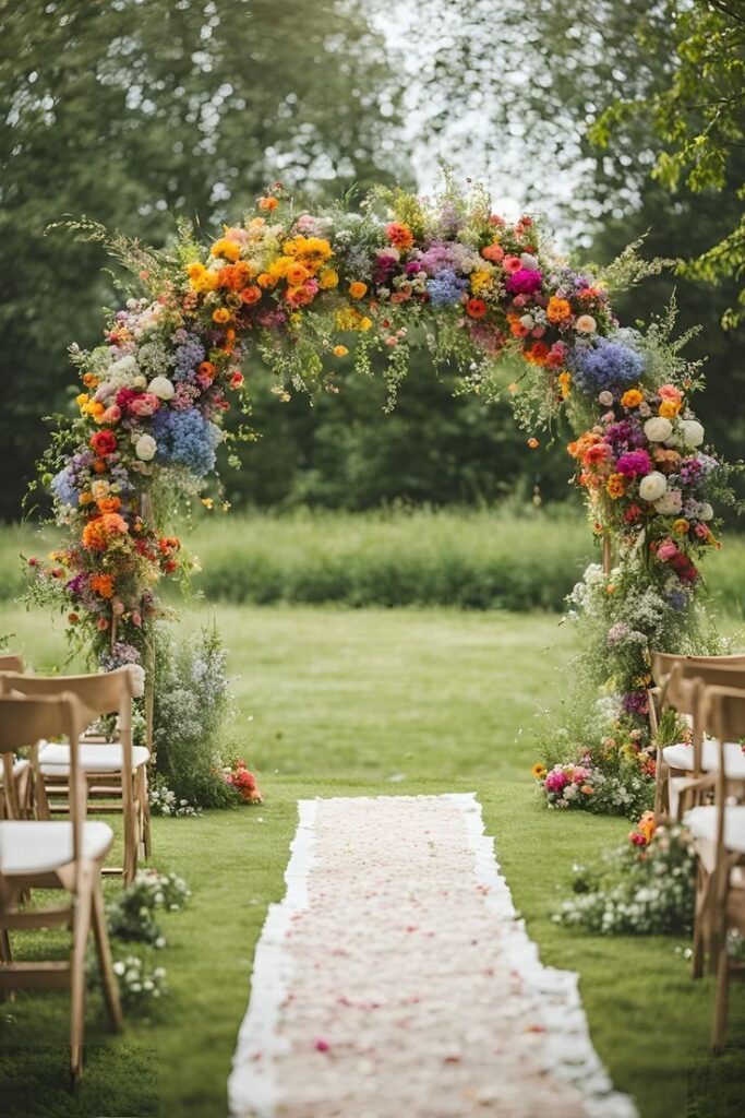 A large circular wedding arch covered in dense pink, orange, and purple wildflowers in an outdoor setting.