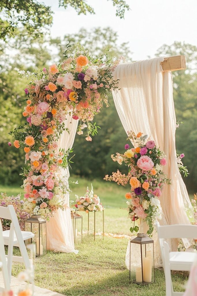A wooden wedding archway decorated with soft cream fabric and bright orange and pink floral sprays.