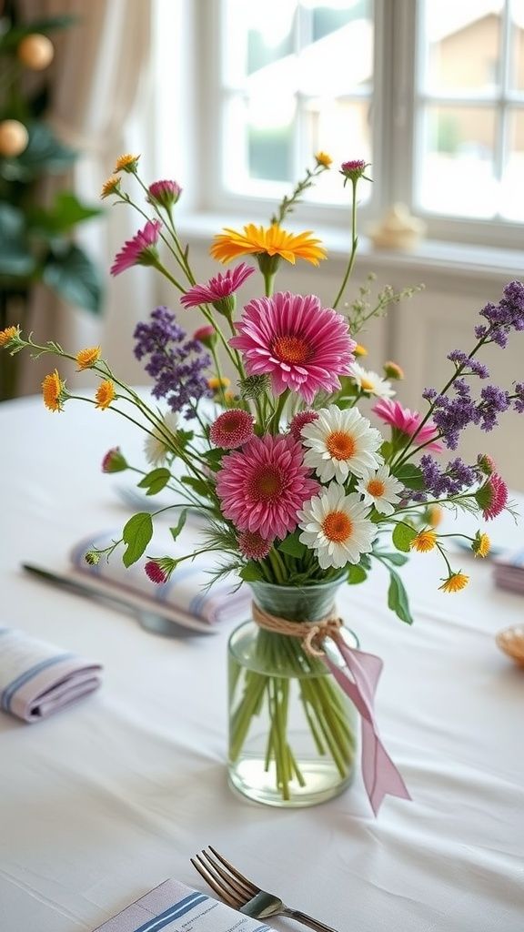 Clear glass jar with pink daisies and purple wildflowers tied with ribbon.