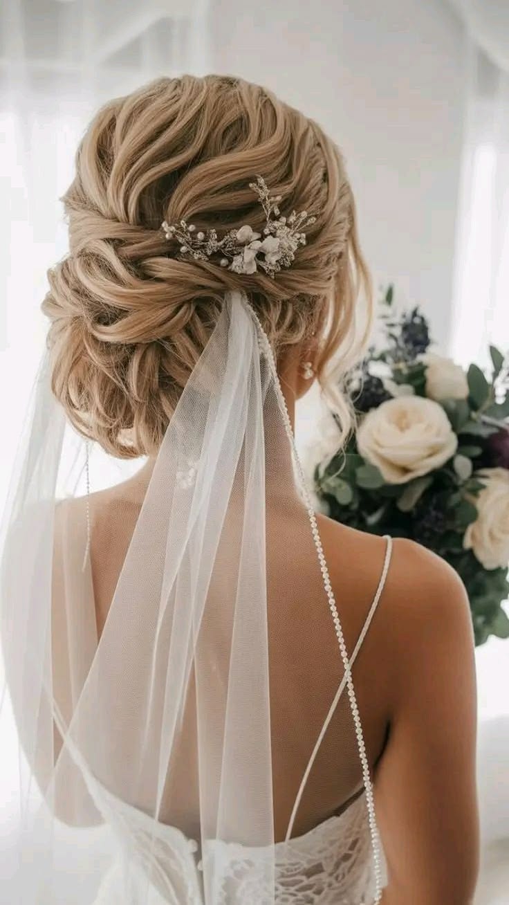 A voluminous wavy low bun with a pearl hairpiece and a long white veil.
