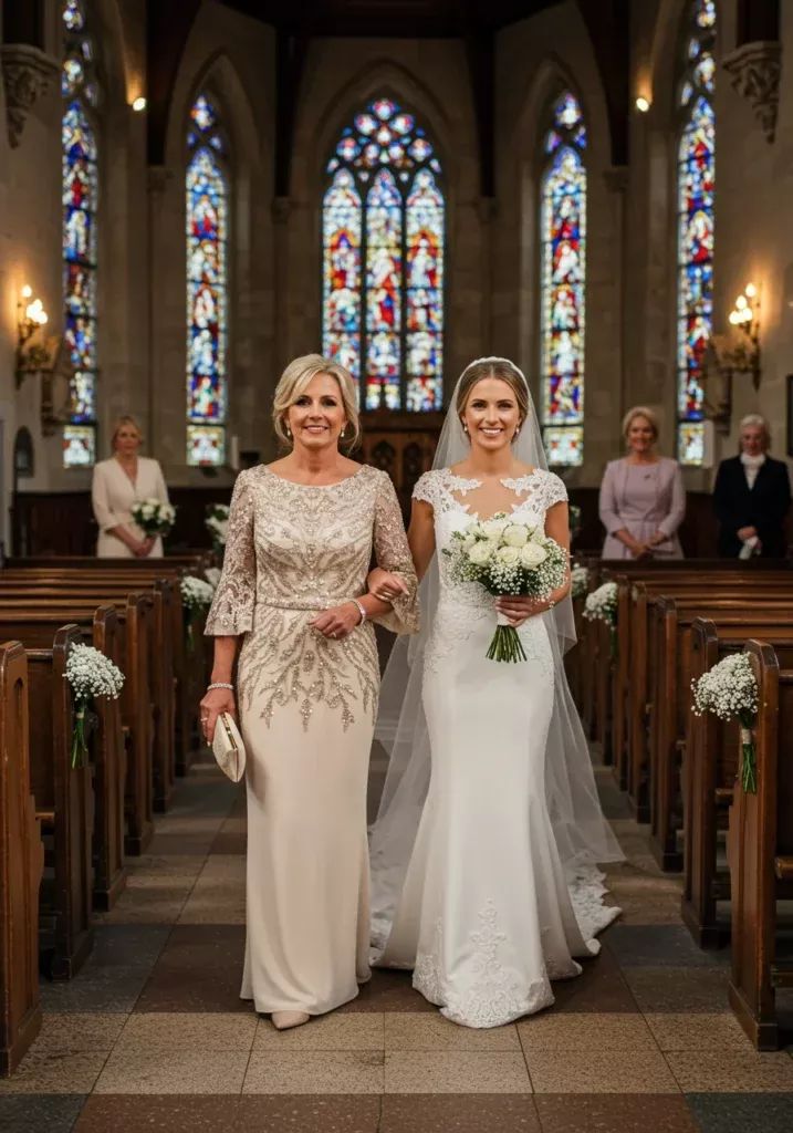 Elegant champagne gown with intricate silver beading and lace sleeves.