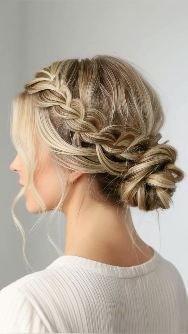 Loose bohemian braid with soft texture and a delicate flower crown, perfect for a natural garden or outdoor wedding