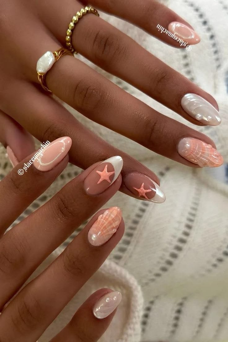 Soft almond shaped nails with textured 3D seashell ridges on a pale peach base and white French tips.