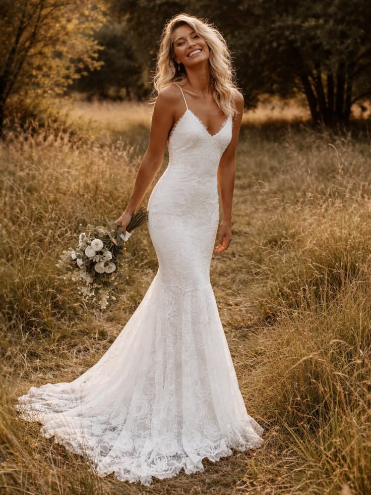 Bride smiling in a golden field wearing a white sweetheart lace trumpet wedding dress holding a neutral rose bouquet.
