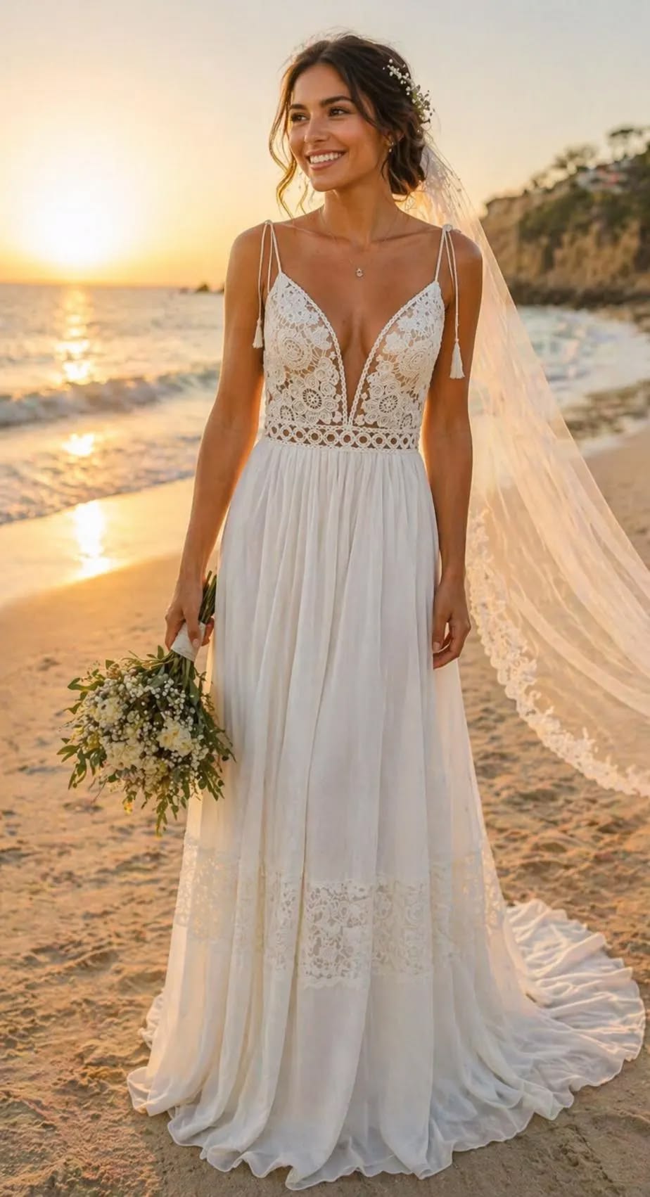 Bride smiling on a beach at sunset wearing a bohemian white lace wedding dress with tassel shoulder straps and a lace veil.