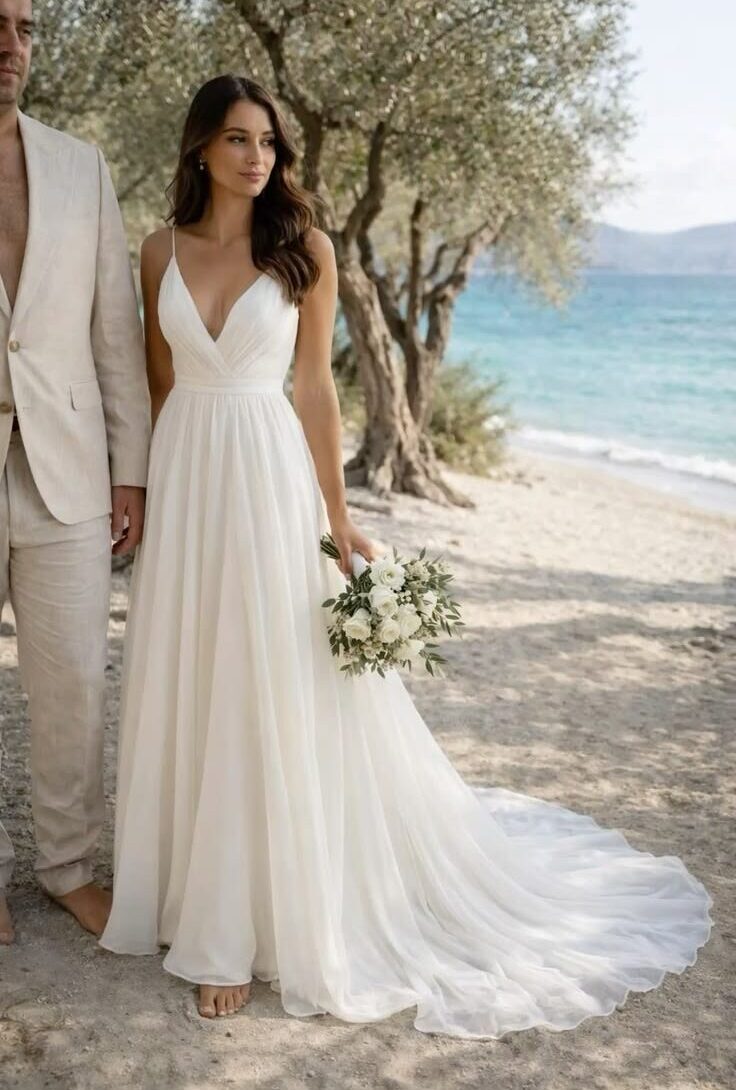Bride standing on a sandy beach next to the ocean, wearing a flowing white chiffon wedding dress with a V neckline.
