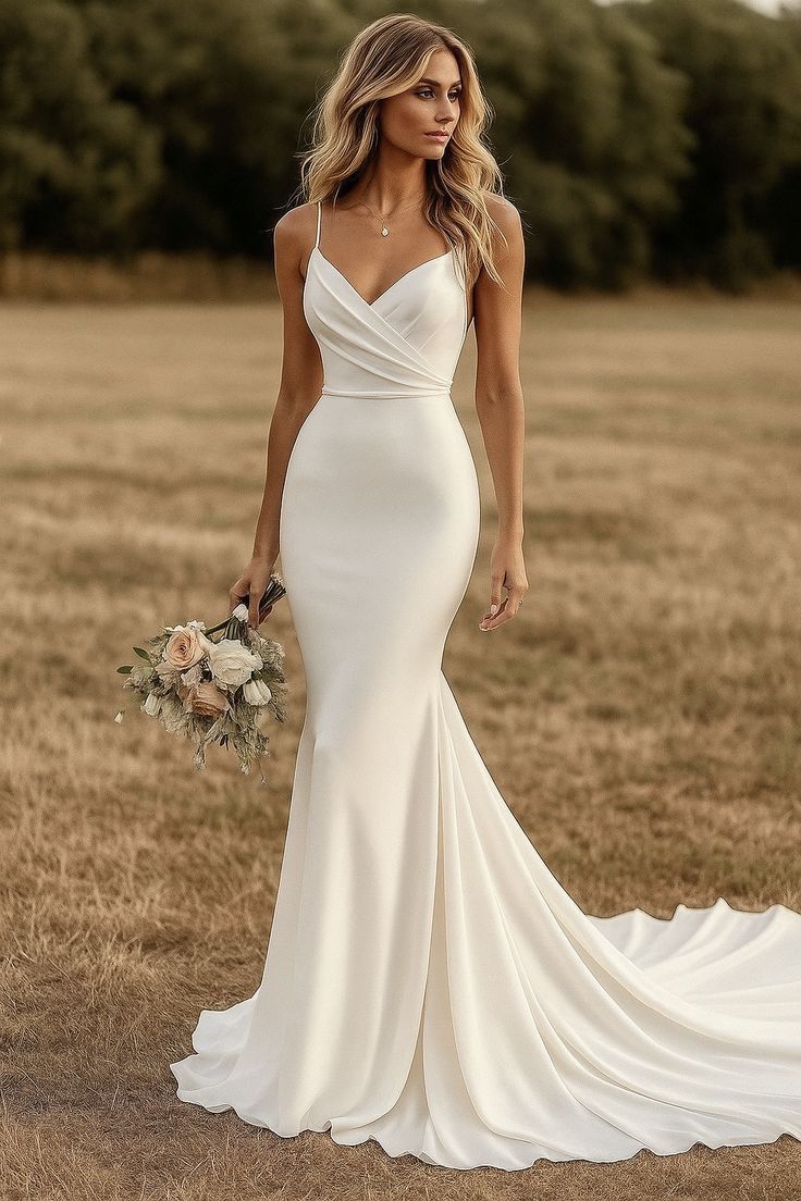 Bride standing in a golden summer field wearing a white satin mermaid wedding dress with a wrapped sweetheart bodice.