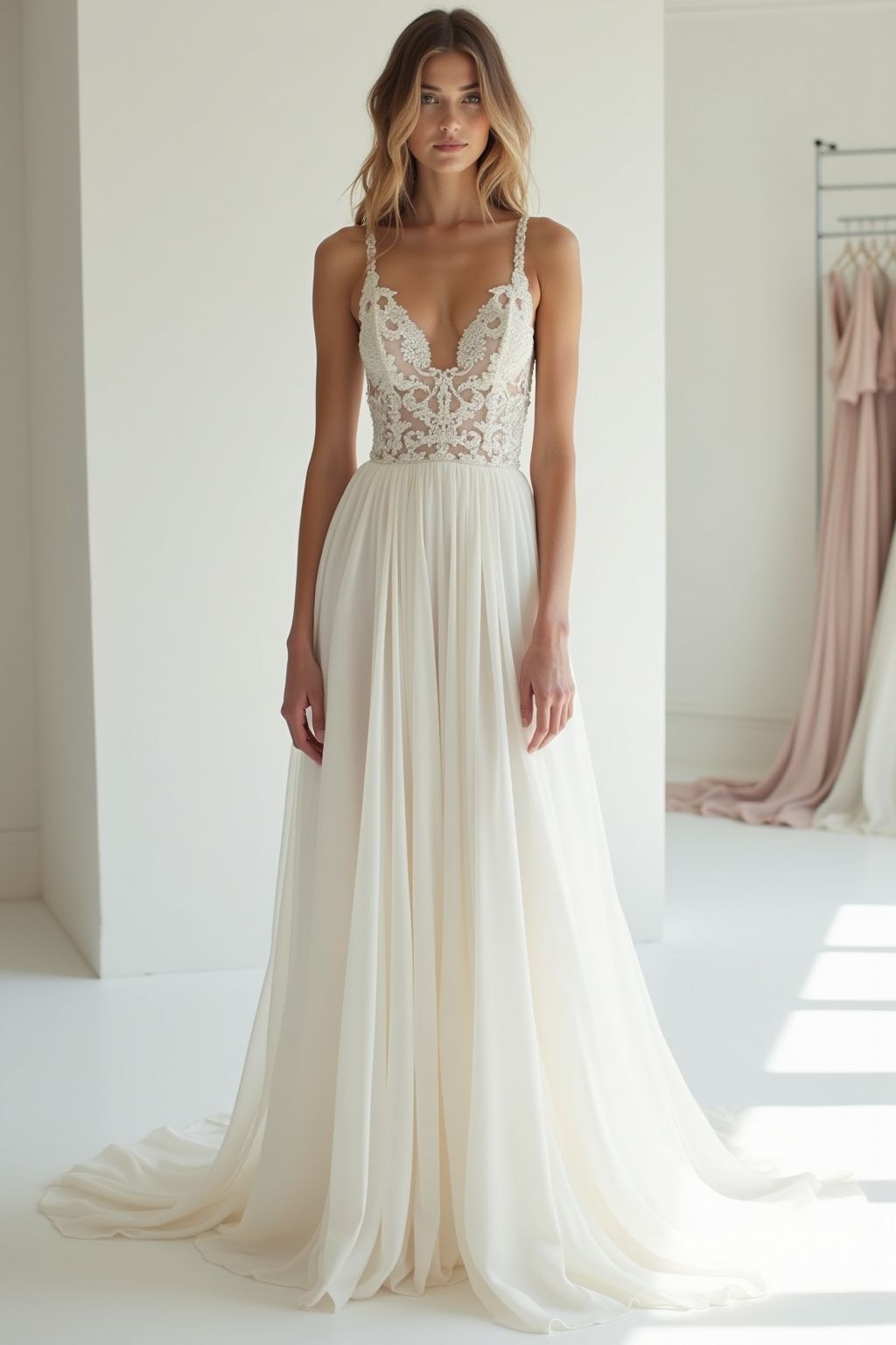Full-length shot of a bride in a delicate lace bodice gown with a flowing chiffon skirt in a studio.