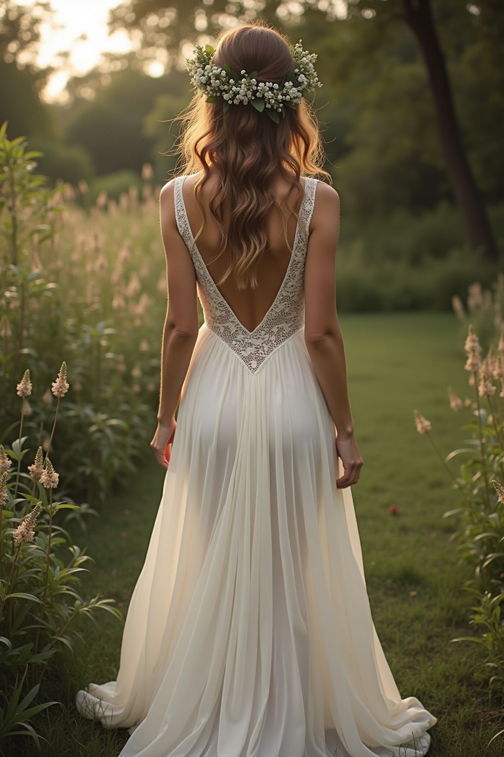 Full back view of a bride in a lace-back dress wearing a full flower crown over a relaxed half-up wavy hairstyle.