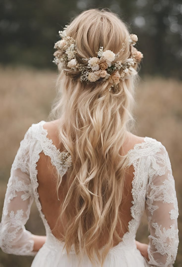 Back view of a blonde bride wearing a rustic floral crown over a long, textured half-up hairstyle.