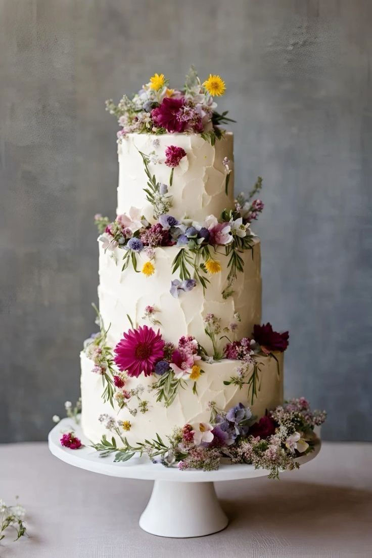 A three-tier textured white cake decorated with rich magenta blossoms, purple field flowers, and green foliage.