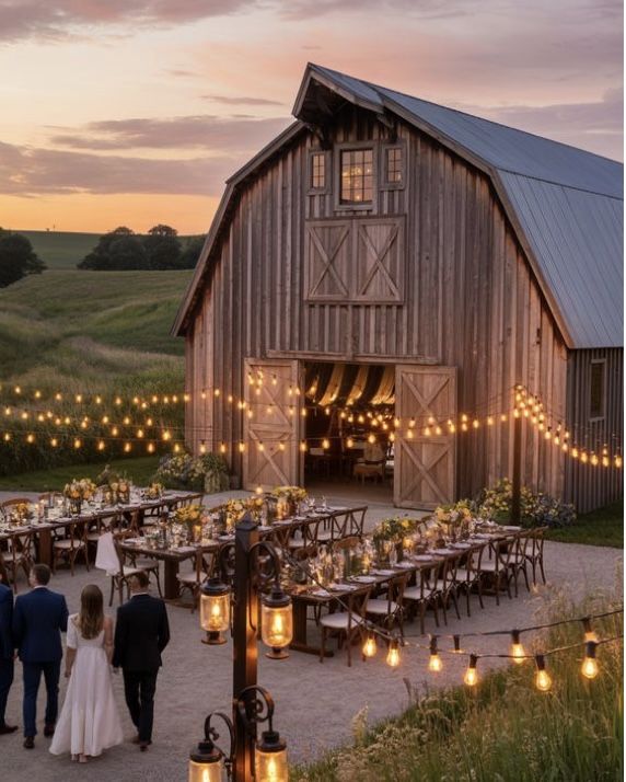 An outdoor wedding reception featuring long wooden dining tables with guests under string festoon lights next to a rustic timber barn at sunset.