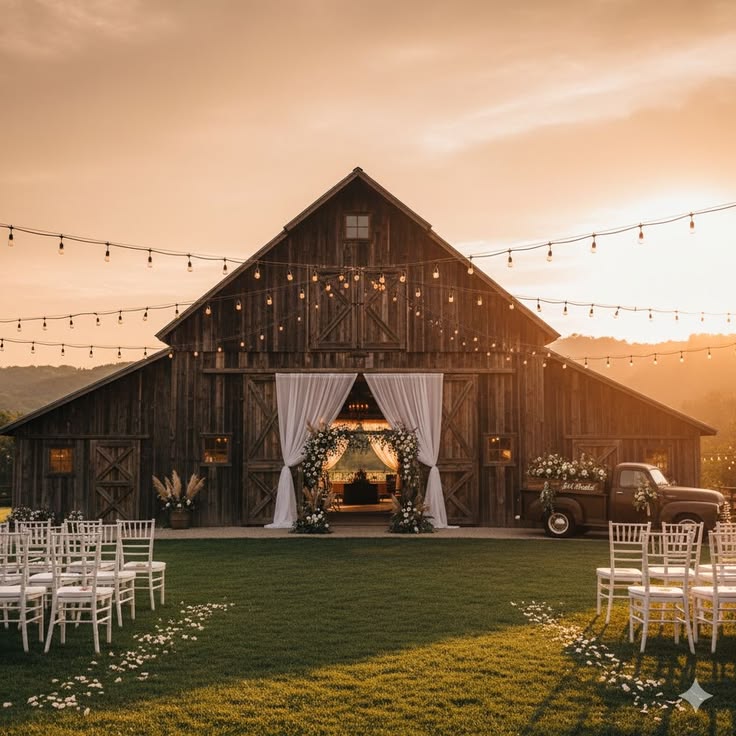 An outdoor wedding ceremony setup on a green lawn with white chairs facing a large dark wood barn at sunset with a vintage truck.