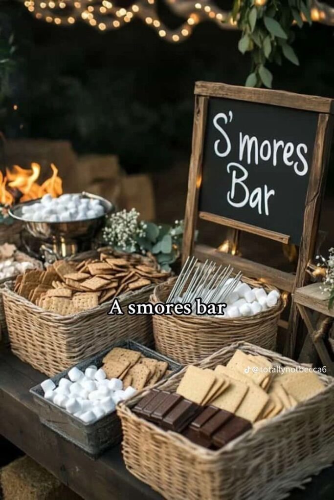 A wedding s'mores bar station featuring wicker baskets filled with graham crackers, marshmallows, and chocolate bars next to a chalkboard sign.