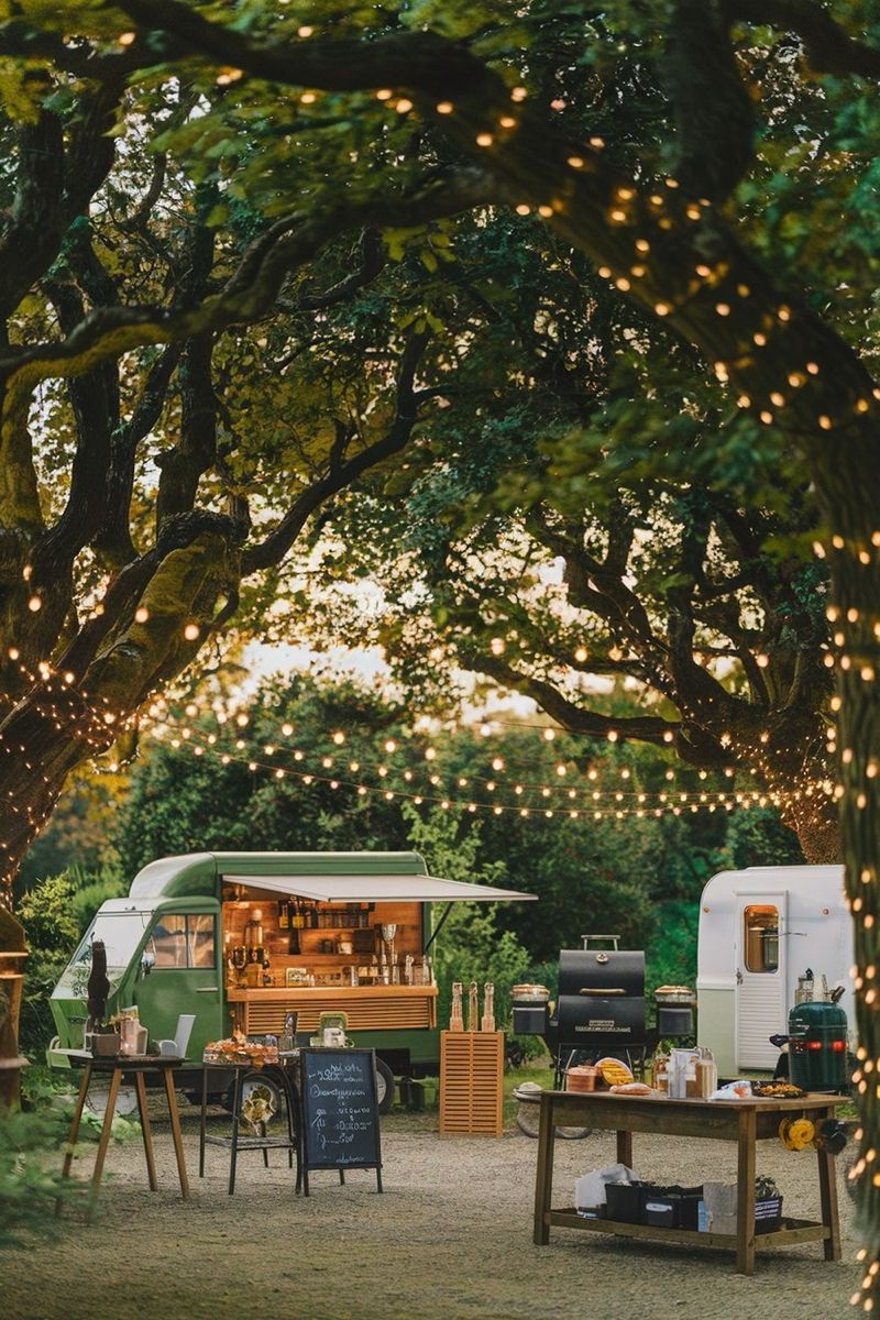 Woodland cocktail caravan surrounded by fairy lights at a forest wedding.