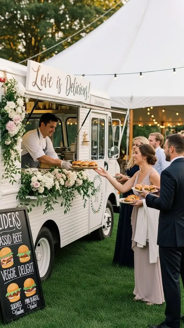 White vintage slider truck decorated with fresh flowers at an outdoor wedding.