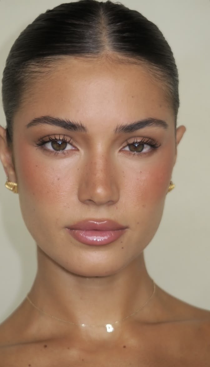 Bohemian-style minimalist look with sheer warm lids and pink lip gloss. 
