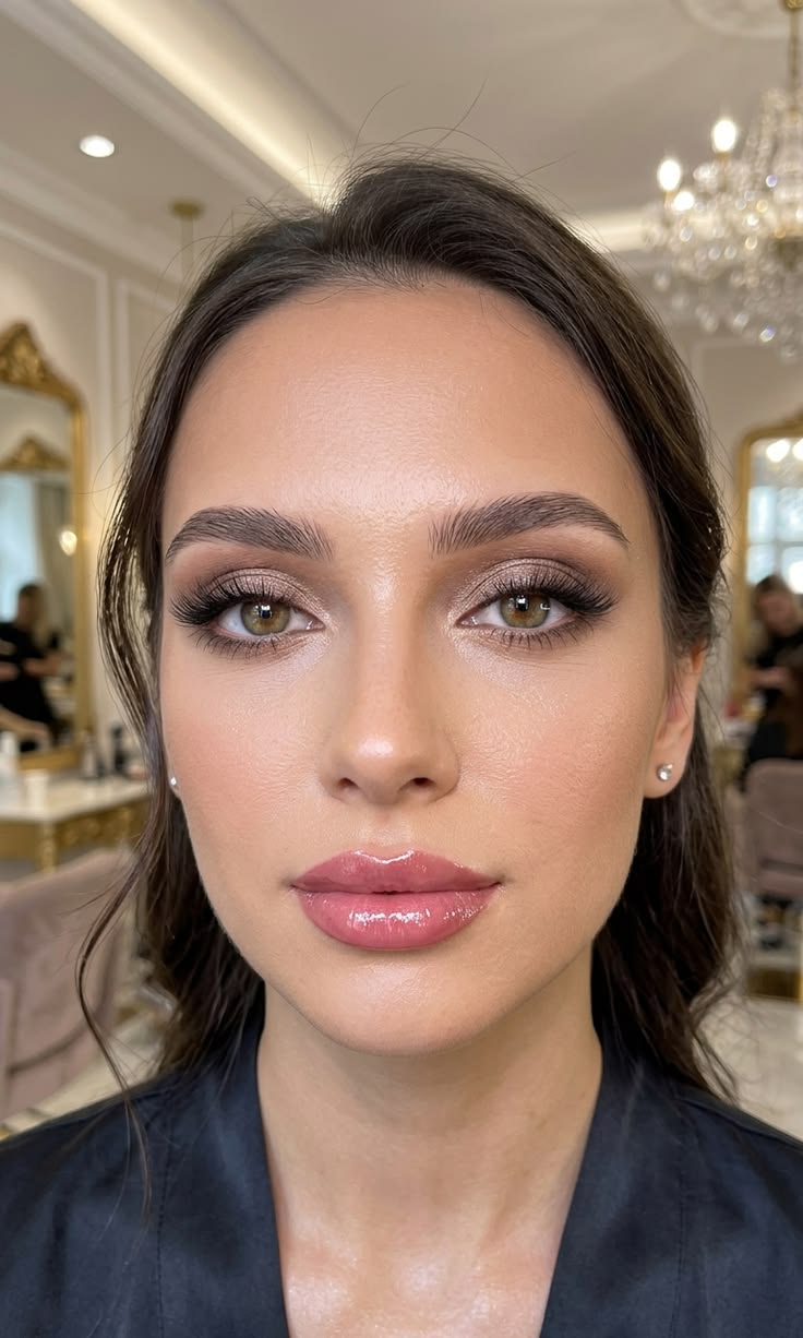 Glamour style metallic champagne shadow with dramatic wispy eyelashes.
