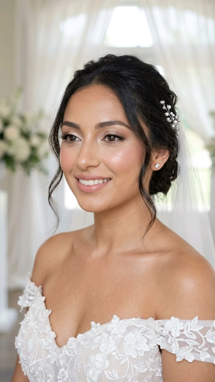 Soft bridal makeup focused on a satin pink lip and subtle highlight on the cheekbones.