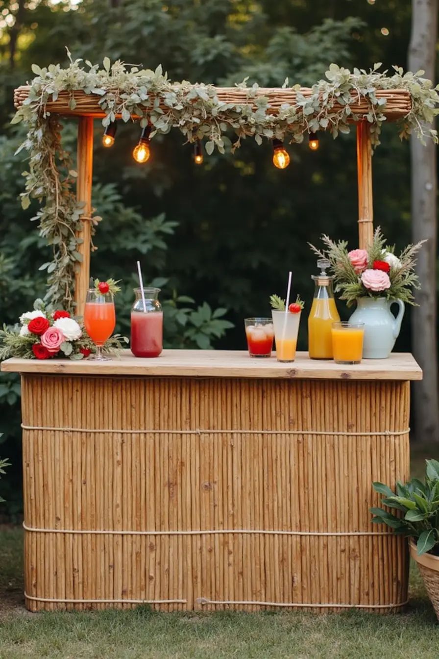 Bamboo outdoor bar topped with a leafy garland, hanging festoon bulbs, and colorful iced drinks with straws
