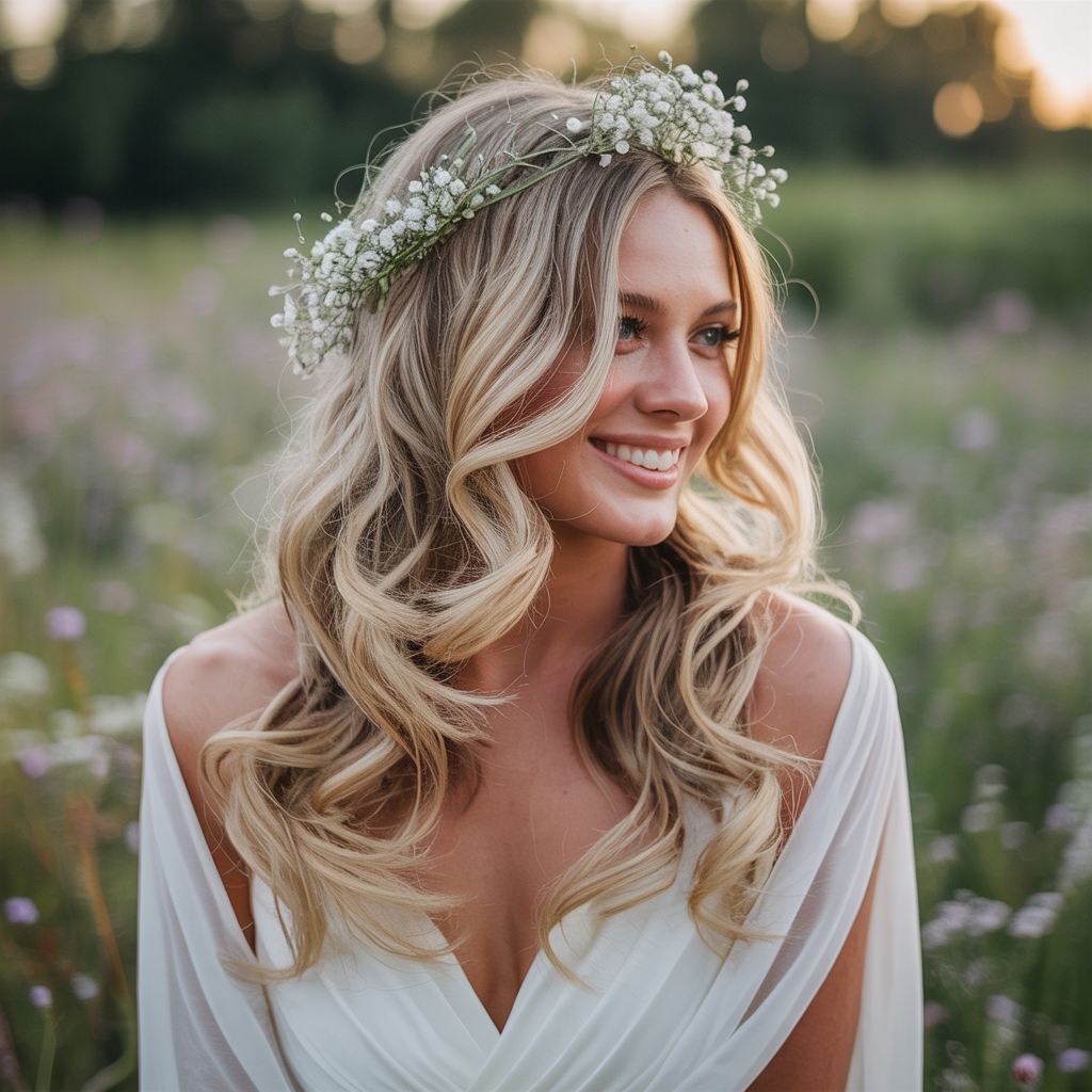 Bride in a grassy field wearing loose blonde curls with a dainty baby's breath crown.