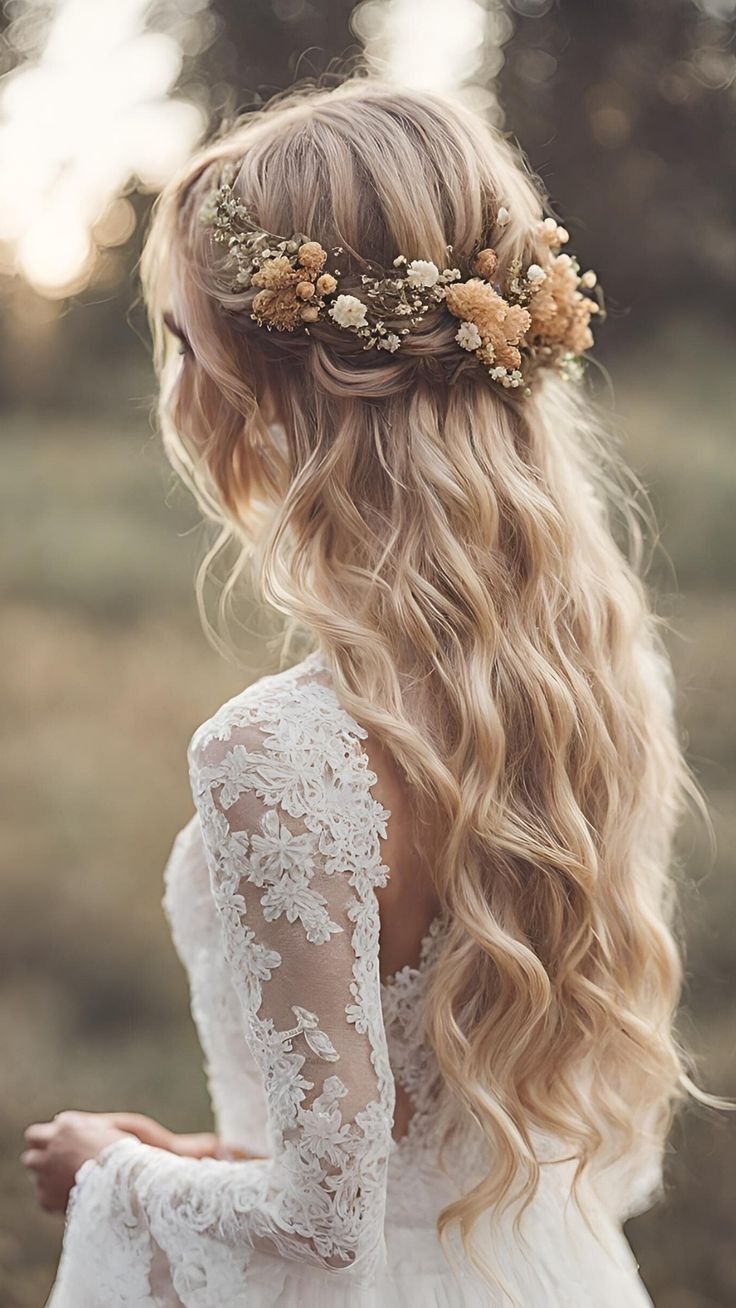 Back view of a bride with cascading waves and a wreath of dried orange blossoms and bunny tails.