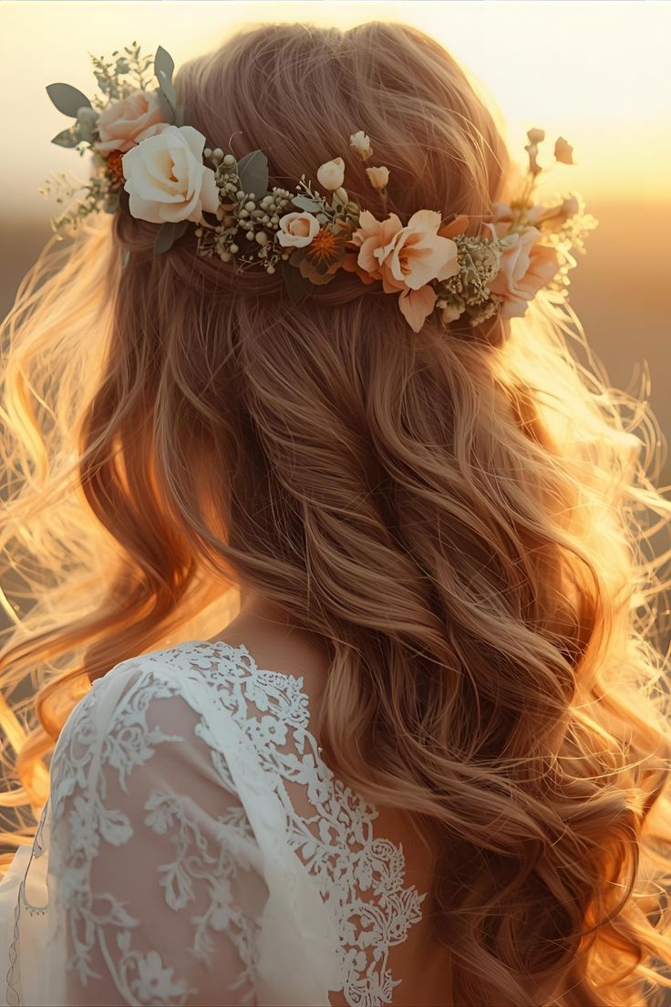 Bride from behind in sunset light, showing long, voluminous waves and a peach rose half-crown.
