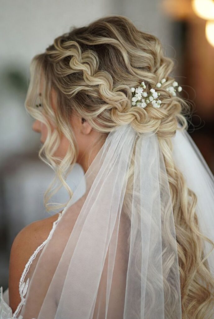 Side view of a bride with an intricate crown braid, defined curls, baby's breath, and a tulle veil.