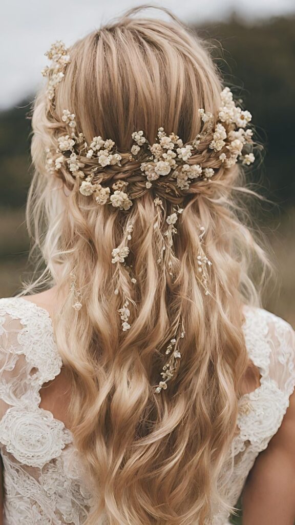 Back view of a bride showcasing a thick half up braid woven with pink daisies and baby's breath.