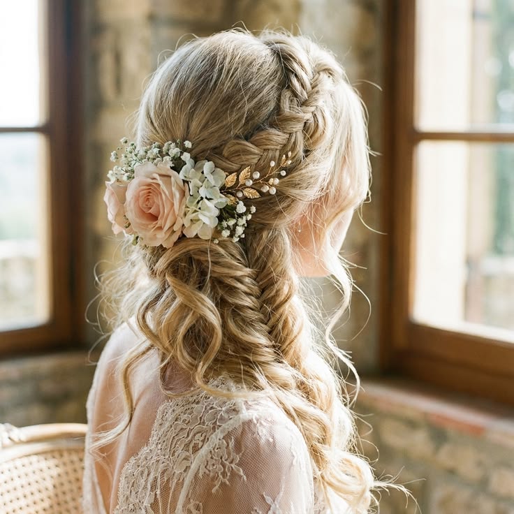 Blonde bride showing a fishtail braid accented with blush pink roses and a gold pearl vine.