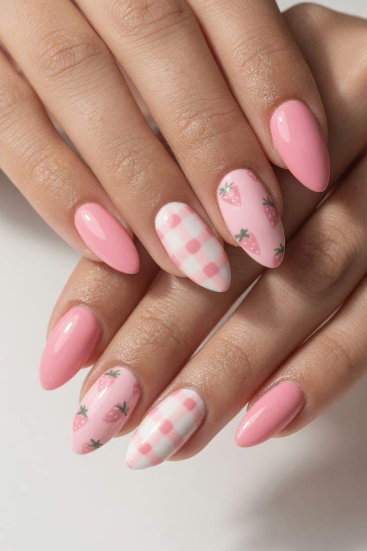 Playful pink summer nails featuring hand-painted strawberries and a pink gingham accent pattern.