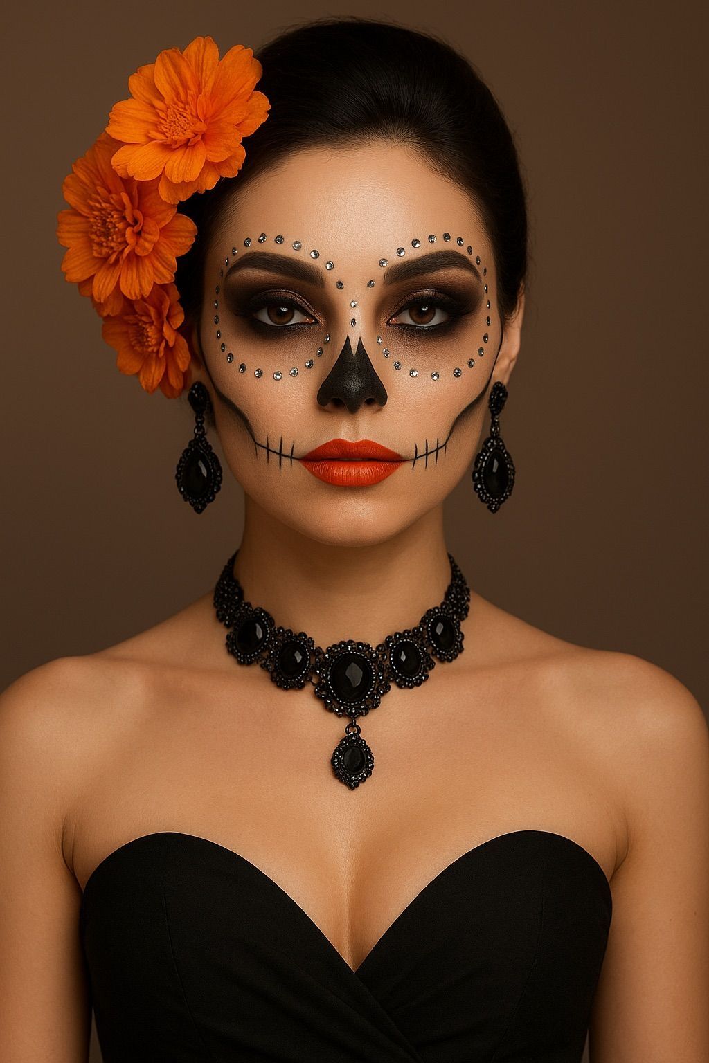 Woman wearing jeweled Catrina-inspired Halloween makeup with face gems, orange flowers and a warm coral lip