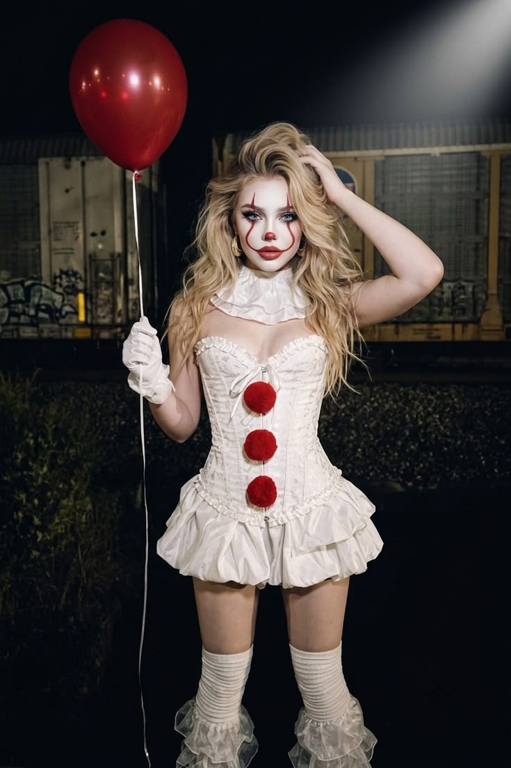Woman wearing Pennywise-inspired Halloween makeup with an ivory face, red facial details and blonde curls