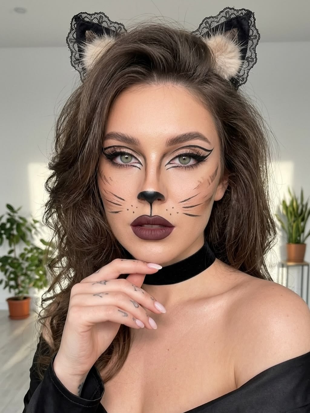 Woman wearing cat Halloween makeup with dramatic winged eyeliner, a black nose, whiskers and lace cat ears