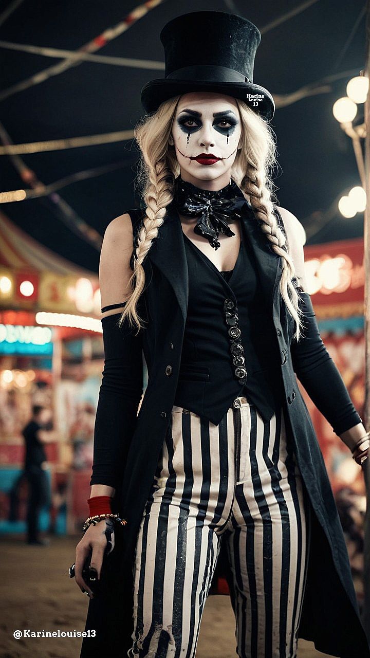 Woman wearing gothic ringmaster Halloween makeup with smoky eyes, deep red lips, blonde braids and a black top hat