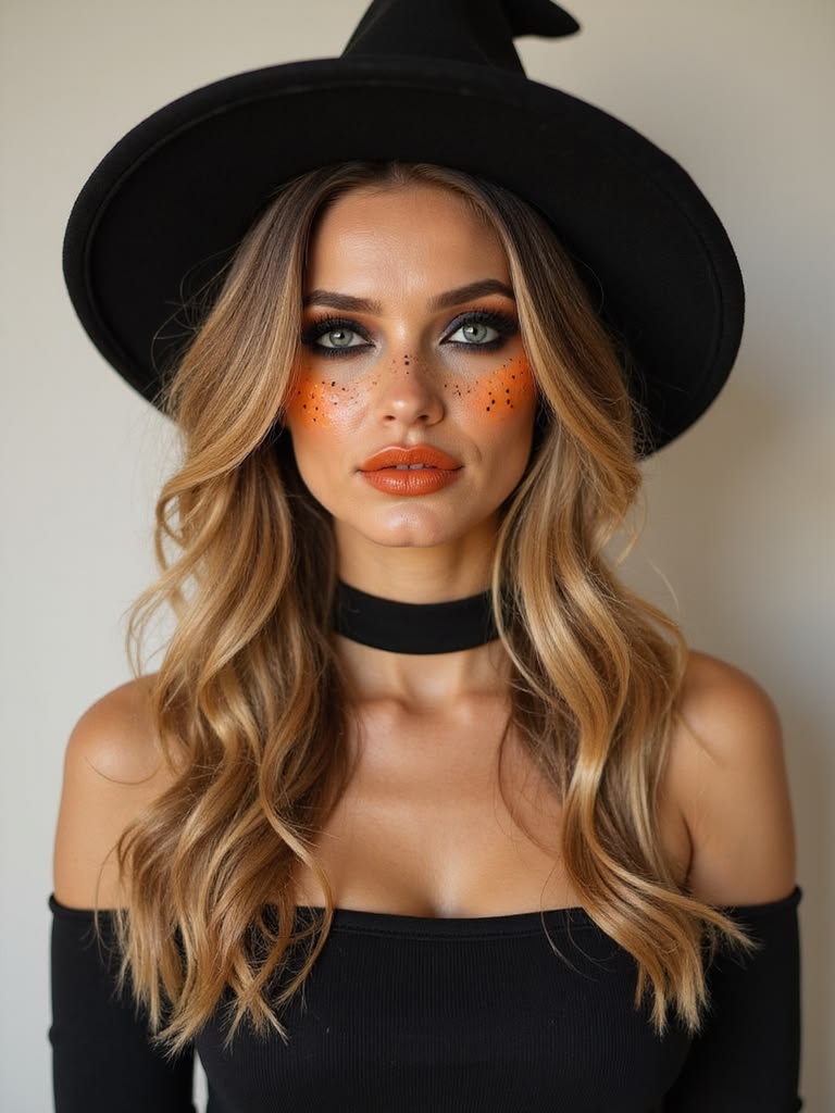Woman wearing pumpkin-inspired Halloween makeup with bright orange cheeks, faux freckles and a black witch hat
