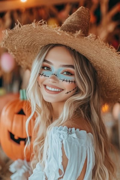 Woman wearing whimsical scarecrow Halloween makeup with blue nose paint, stitched details and a straw hat