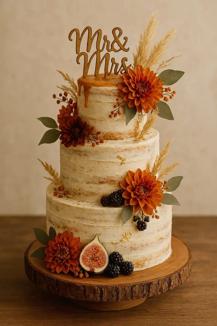 A three-tier semi-naked wedding cake decorated with orange flowers, figs, blackberries, greenery, and dried grasses.