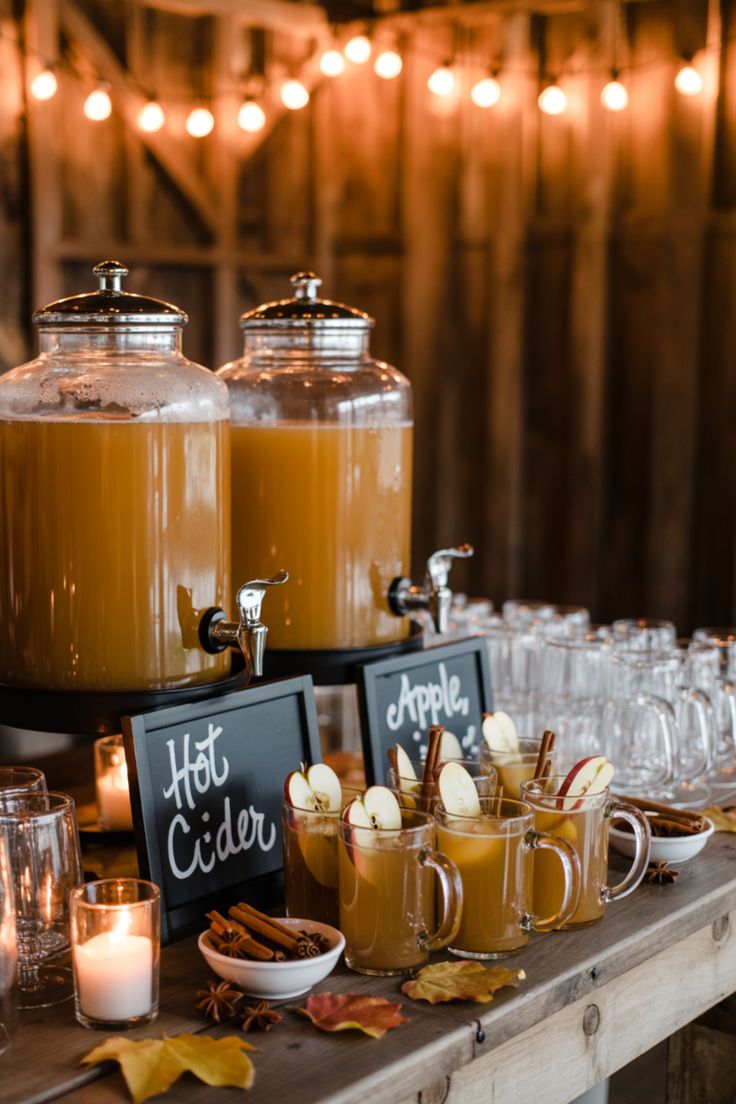 Hot apple cider station with glass dispensers, mugs, apple slices, cinnamon sticks, and warm string lights.