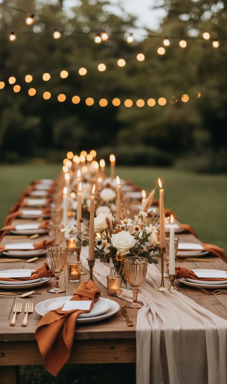 Outdoor wedding reception table with wooden chairs, rust napkins, neutral linen, white flowers, taper candles, and overhead string lights.