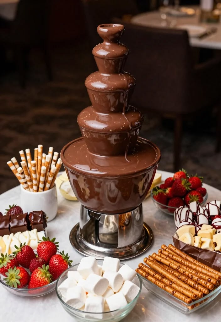 Chocolate fountain surrounded by strawberries, marshmallows, pretzels, and bite-sized treats on a dessert table.