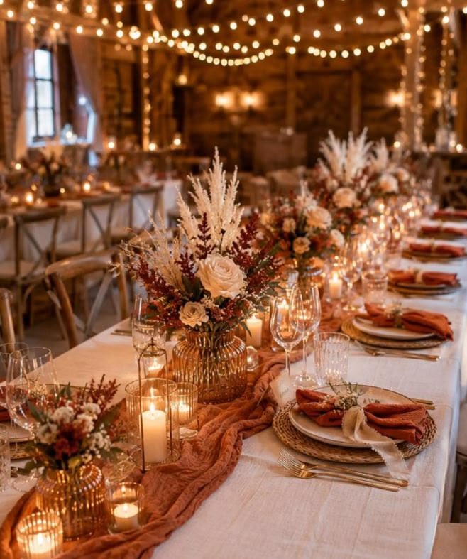 Rustic barn wedding reception with long tables, wooden chairs, amber glass vases, rust napkins, and candlelight.
