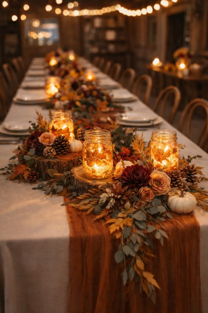 Autumn wedding table with rust-colored runner, seasonal foliage, orange flowers, pumpkins, wood accents, and glowing candles.