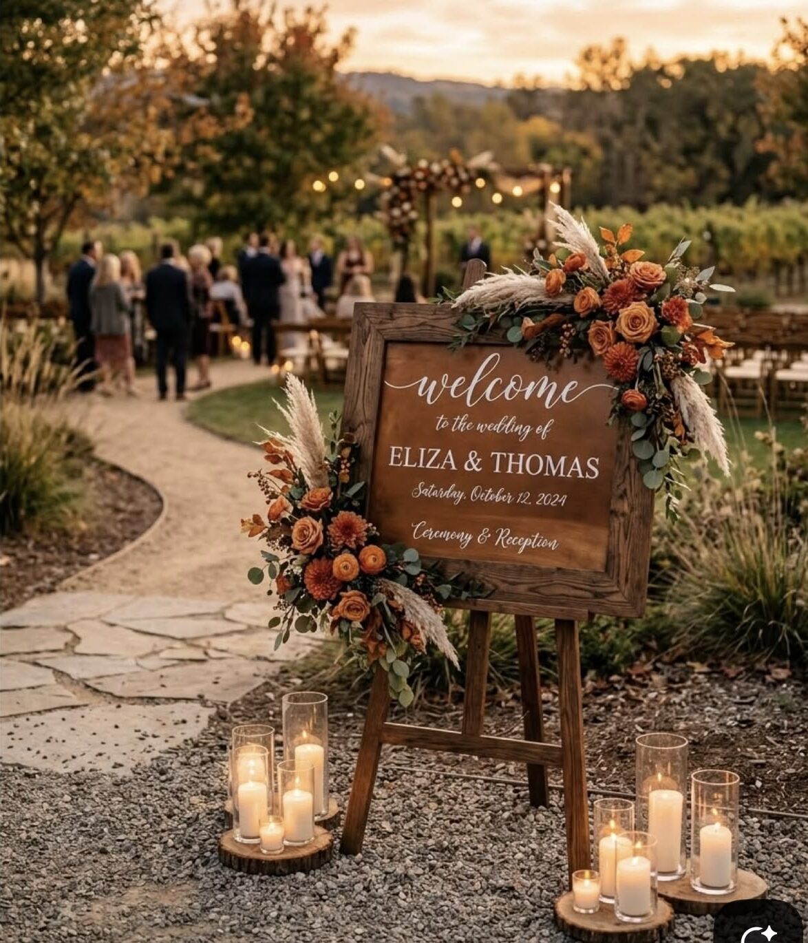 Rustic wooden wedding welcome sign decorated with autumn flowers, pampas grass, and candle lanterns beside a garden pathway.