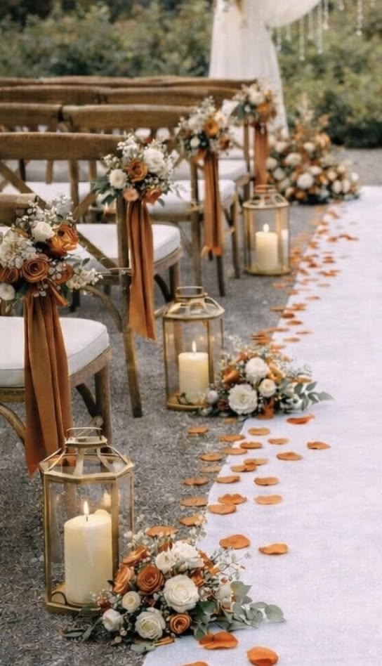 Outdoor wedding ceremony aisle with wooden chairs, rust ribbons, floral arrangements, scattered petals, and gold candle lanterns.