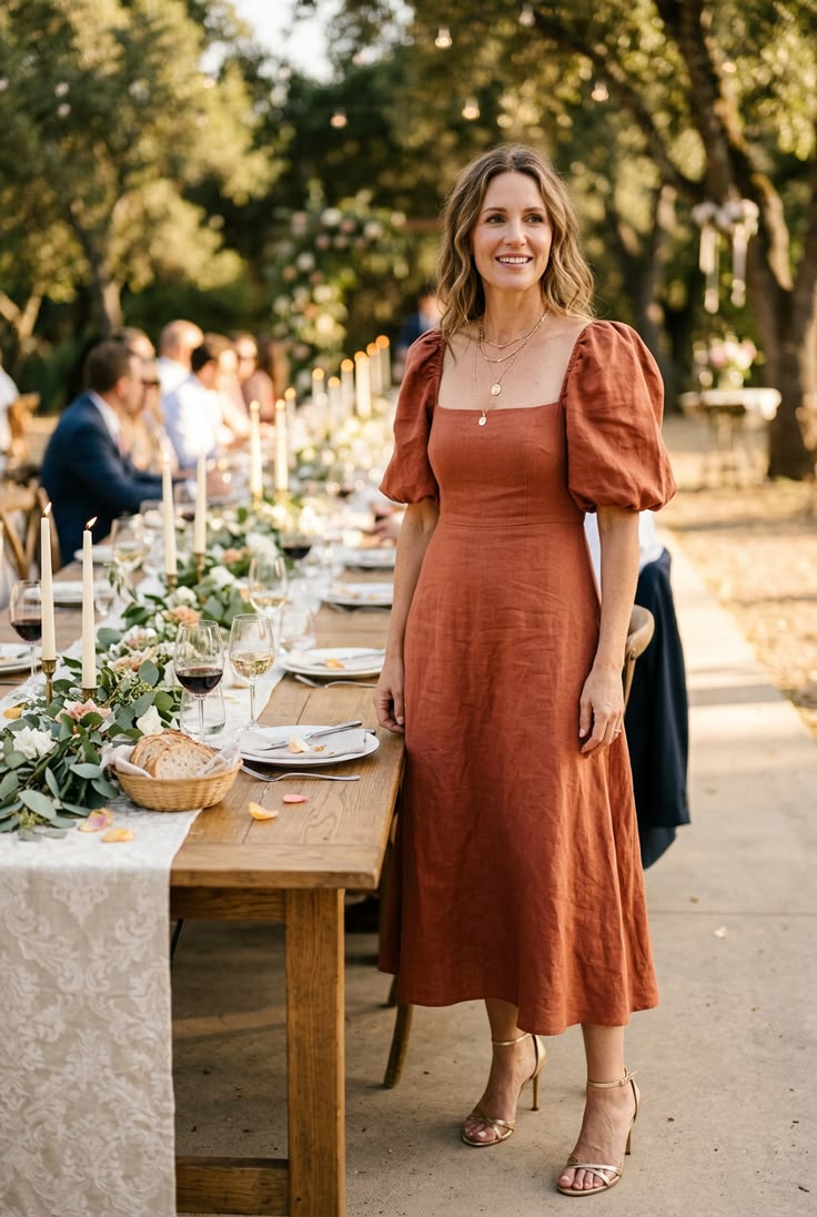 Woman wearing a rust puff sleeve midi dress at an outdoor wedding reception
