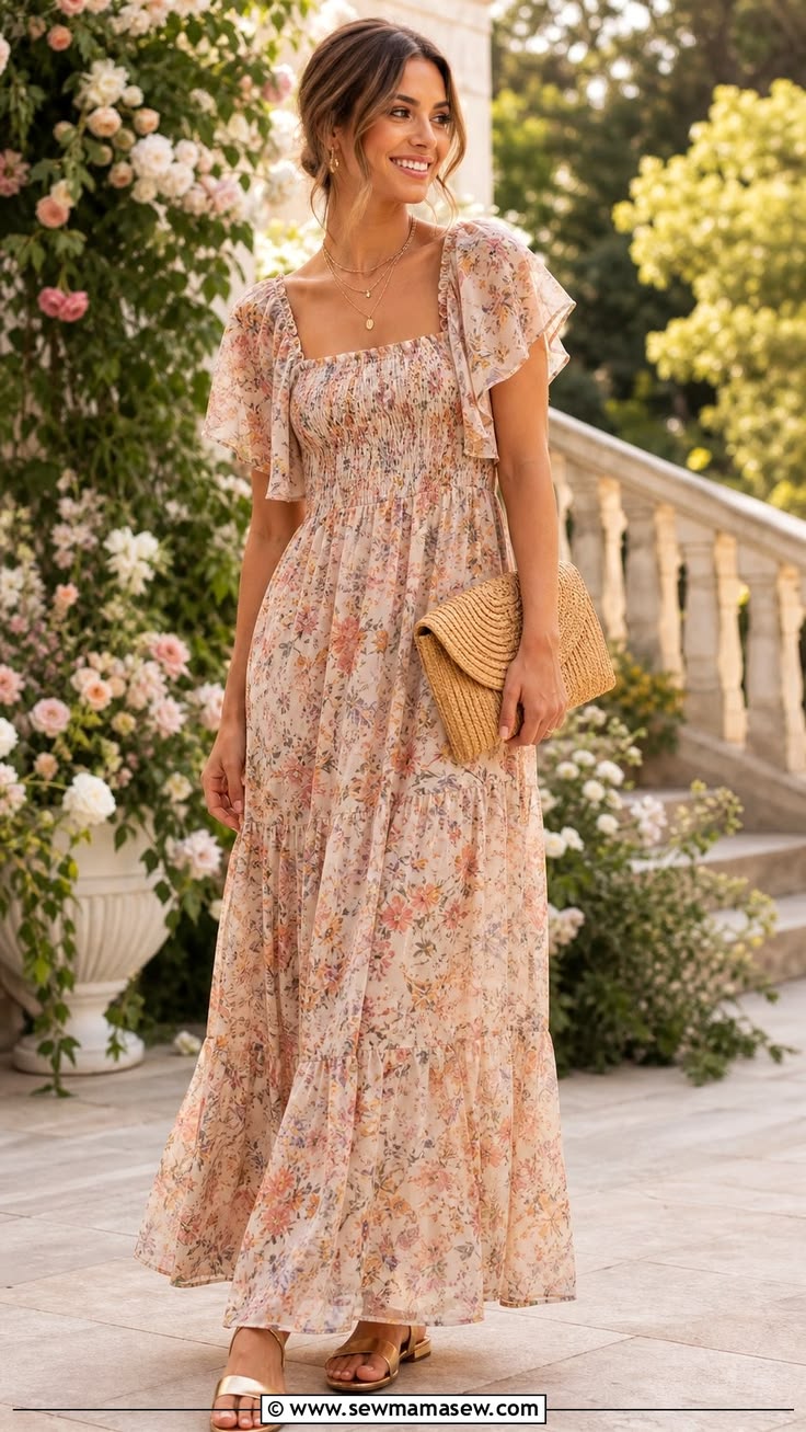 Woman wearing a soft pastel floral maxi dress with flutter sleeves at an elegant garden venue
